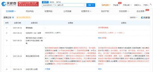 名創優品科技公司注冊資本增至6億元，經營范圍拓展至自然科學與信息系統服務